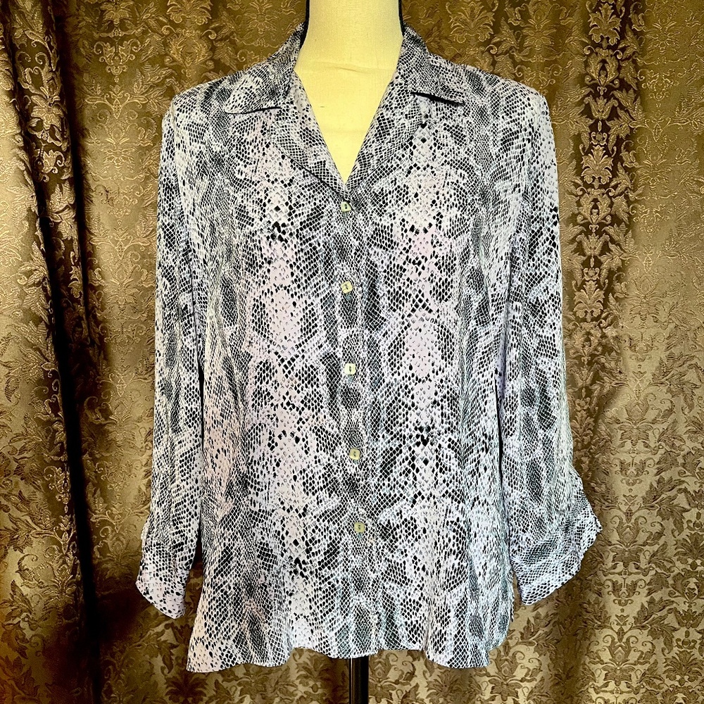 S.L.B 100% Silk Blouse, Breezy Light Lavender and Black Animal Print  Size Large